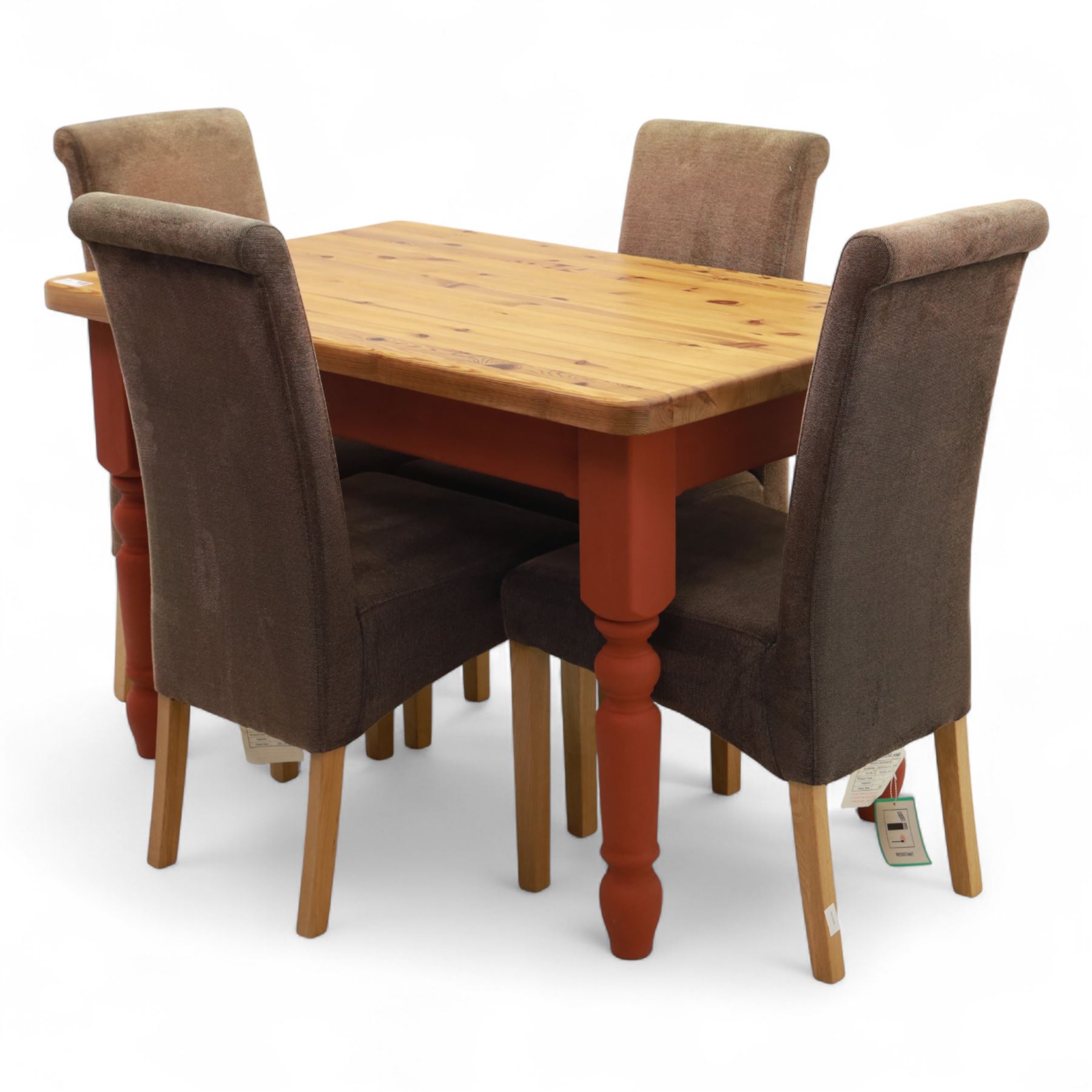 Contemporary pine farmhouse table and four chairs, rectangular top with rounded corners and waxed finish, raised on turned legs painted in terracotta red, set of four contemporary dining chairs, fully upholstered in taupe microfibre fabric with gently flared backs, on square section oak effect legs