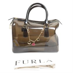 Furla - ‘Candy’ top-handle bag in smoky black transparent PVC, with rolled top handles, gold-tone hardware padlock, with front-hanging charm chain, with original Furla dust bag