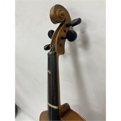 Full size Violin with a maple back and spruce top, ebonised fittings and fingerboard, with two bows in a hard case Length 60cm