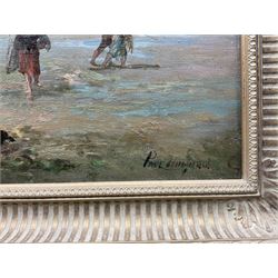 Paul Huguenin Virchaux (Swiss 1870-1919): Fishergirls on the Shore, pair oils on canvas signed 34cm x 64cm (2)