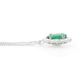 18ct white gold emerald and diamond cluster pendant necklace, single oval cut emerald of approx 4.00 carat, surrounded by fourteen round brilliant cut diamonds, hallmarked, total diamond weight approx 0.85 carat