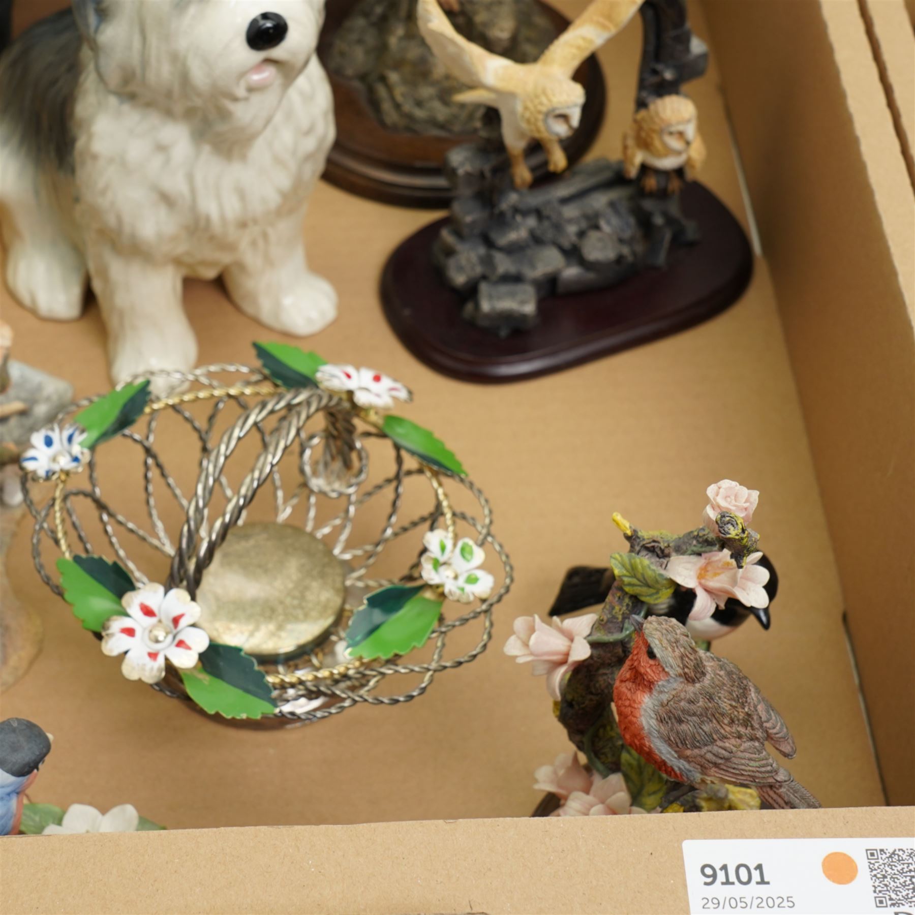 Beswick model of a Magpie, Border Fine Arts Friesian cow and calf, Country Artists owl and other items in two boxes