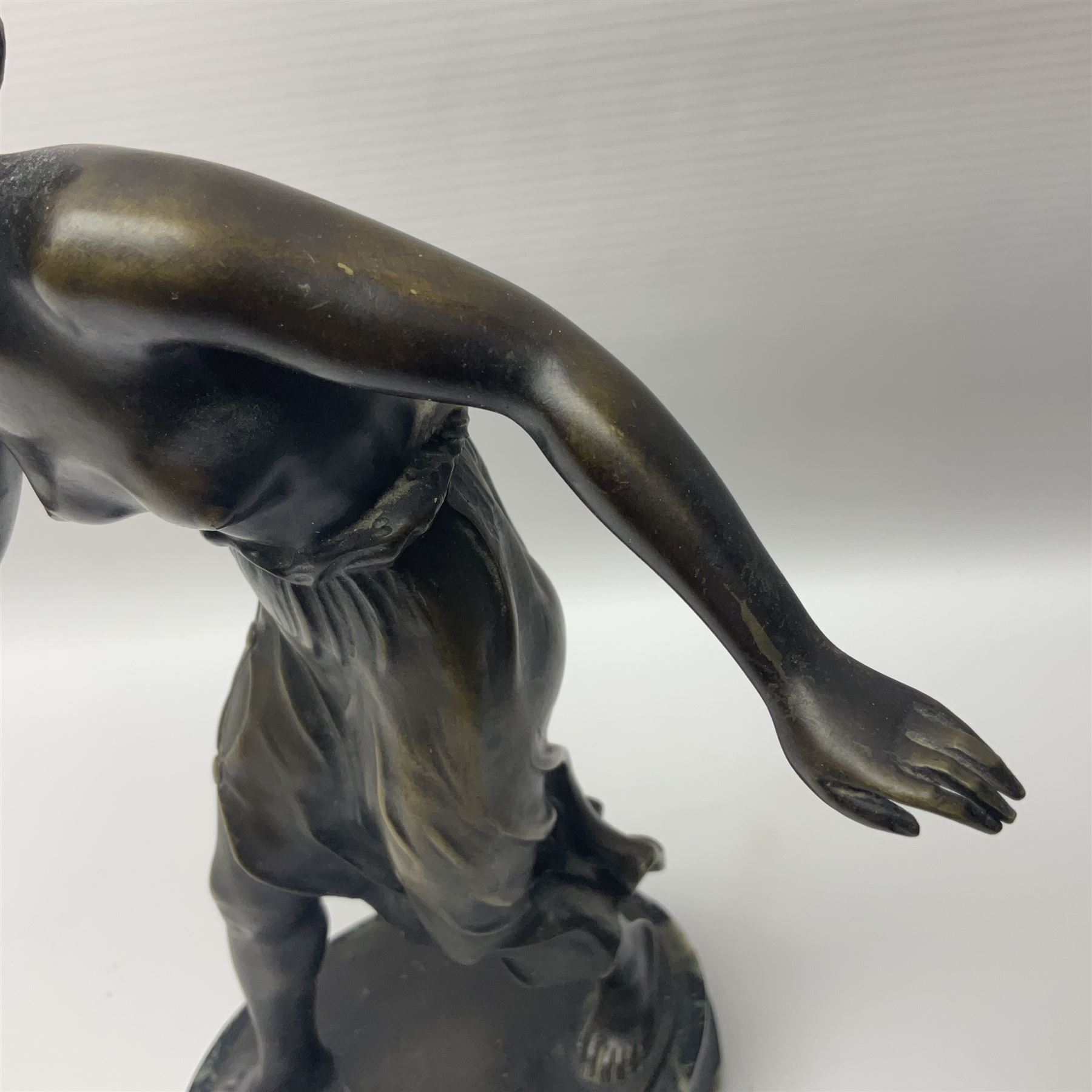 After C. Rochlitz, bronze, modelled as a semi nude female figure, upon a marble plinth, overall H31cm