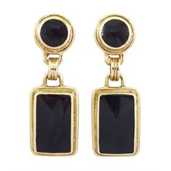 Pair of 9ct gold Whitby jet pendant earrings, each stud set with a round jet piece, suspen...