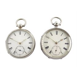 Two Victorian silver open face English lever fusee pocket watches, white enamel dials with Roman numerals and subsidiary seconds dials, one by Andrew Barrie, Edinburgh, No. 1065, case by James Jackson, London 1883, the other by W. Adams & Co, West Bromwich, No. 10040, case by Frank Willday, Chester 1889 (2)