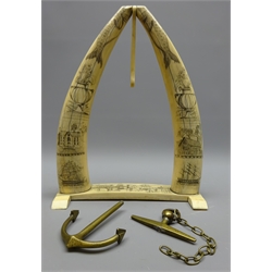  Early 19th century walrus ivory watch stand, the two supports Scrimshaw worked with flower vases, cottages, sailing vessels and walrus, the rectangular base with a study of Whitby Old Draw-Bridge, together with a brass anchor, W27cm, H34cm, Note: The Bridge image is similar to the early 19th century engraving  by Pickernel, printed by Abraham. Removal of this Bridge began in 1833    