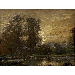 Herbert F Royle (British 1870-1958): Wooded Landscape at Sunset, oil on panel signed, artist's Southport address label verso 19cm x 24cm
Notes: Royle studied art at the Harris Institute Preston then the School of Art Southport