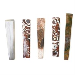 Collection of ten 19th century agate knife handles of varying designs, paperweight of octagonal design, swivel fob seal and a pinchbeck seal