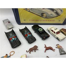 Unboxed and playworn die-cast models of TV/Film interest by Corgi including Green Hornets Black Beauty, two Batmobiles, James Bond Aston Martin DB5, Saints Volvo P1800 etc; two Matchbox 1-75 Series Collector's Cases including various playworn models; and quantity of playworn lead and plastic figures by Britains etc