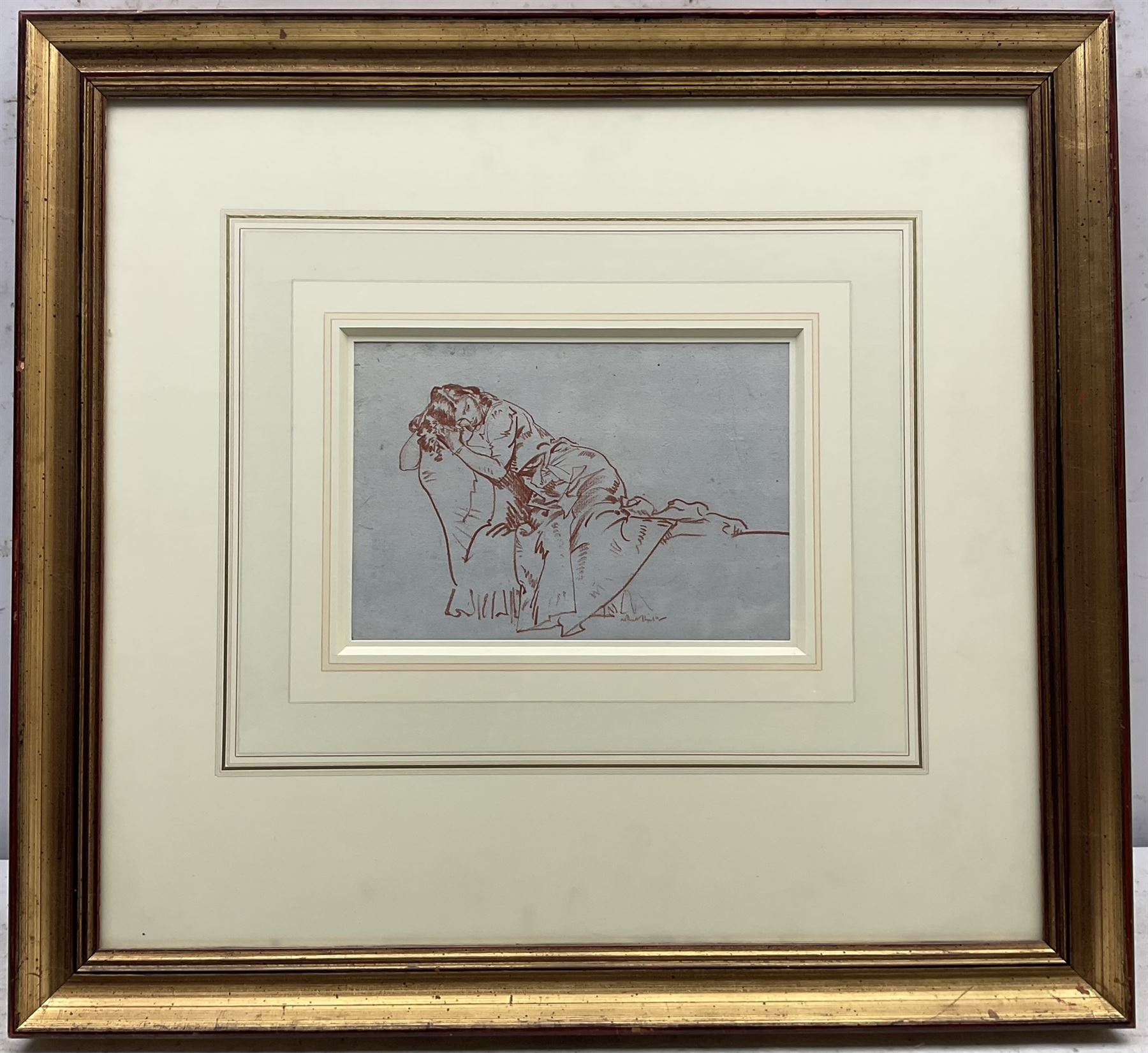 Sir William Russell Flint (Scottish 1880-1969): 'Model Resting', sanguine chalk signed, titled on exhibition label verso 13.5cm x 20cm 
Provenance: private collection; exh. The Fine Art Society, London, November 1900, label verso; with James Alder Fine Art, Hexham, where purchased by the vendor