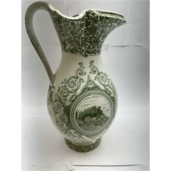 19th century Copeland & Garrett New Blanche wash jug, with green transfer printed decoration of 'West Cowes', H36cm, together with a treacle glaze pottery puzzle jug, H28cm
