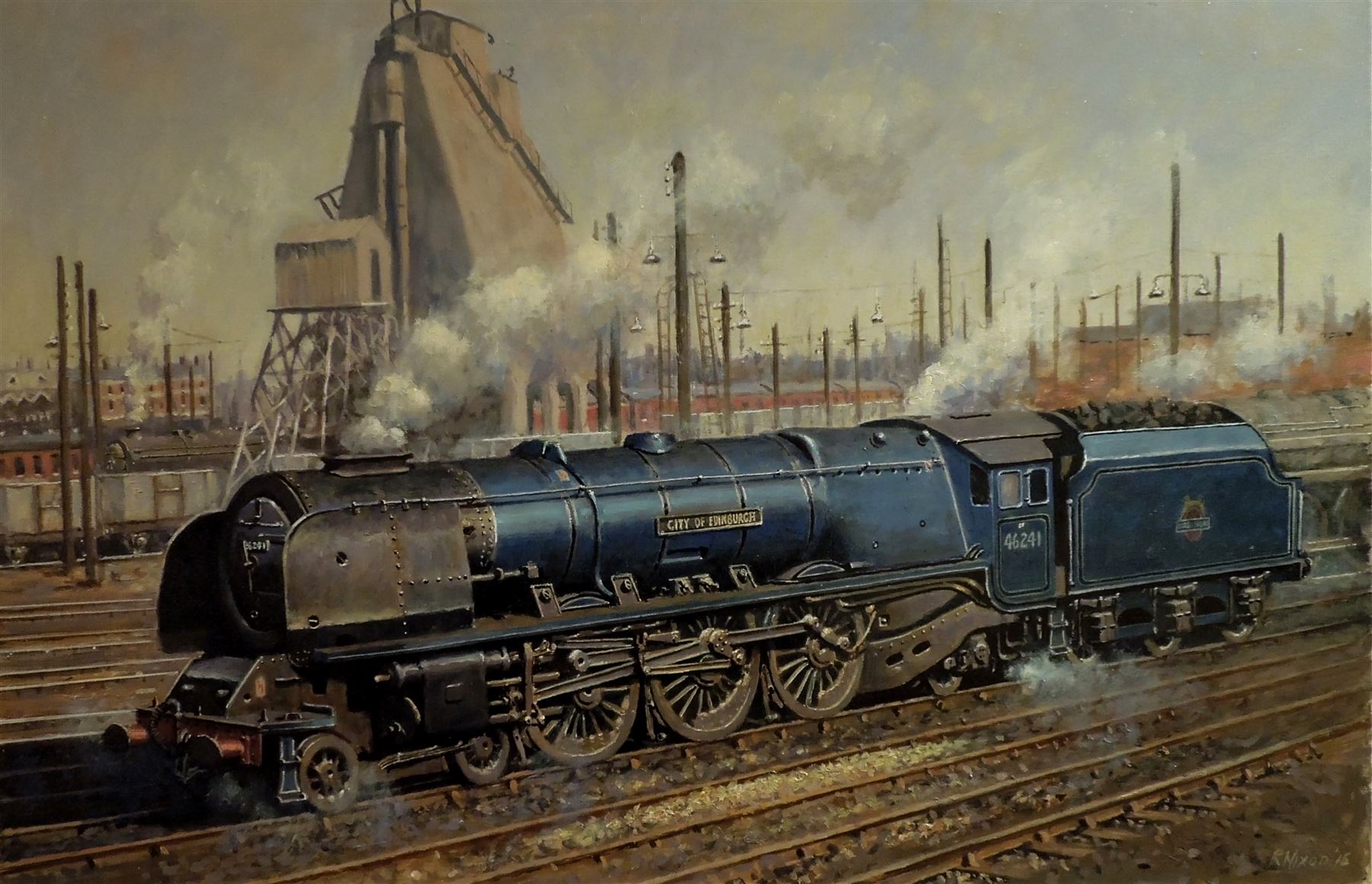 Robert Nixon (British 1955-): Duchess Class Steam Locomotive 'City of Edinburgh' in BR blue livery at Willsden, oil on canvas signed and dated '15, 50cm x 75cm (unframed)