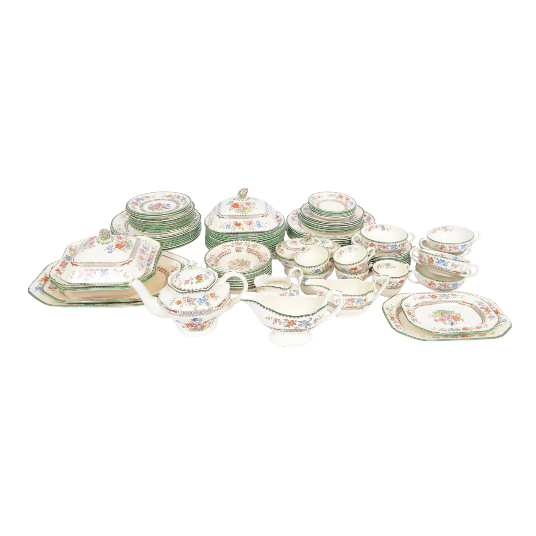 Spode Chinese Rose dinner service, including fourteen dinner plates, twelve side plates, teapot, milk jug, covered butter dish, serving platters etc 