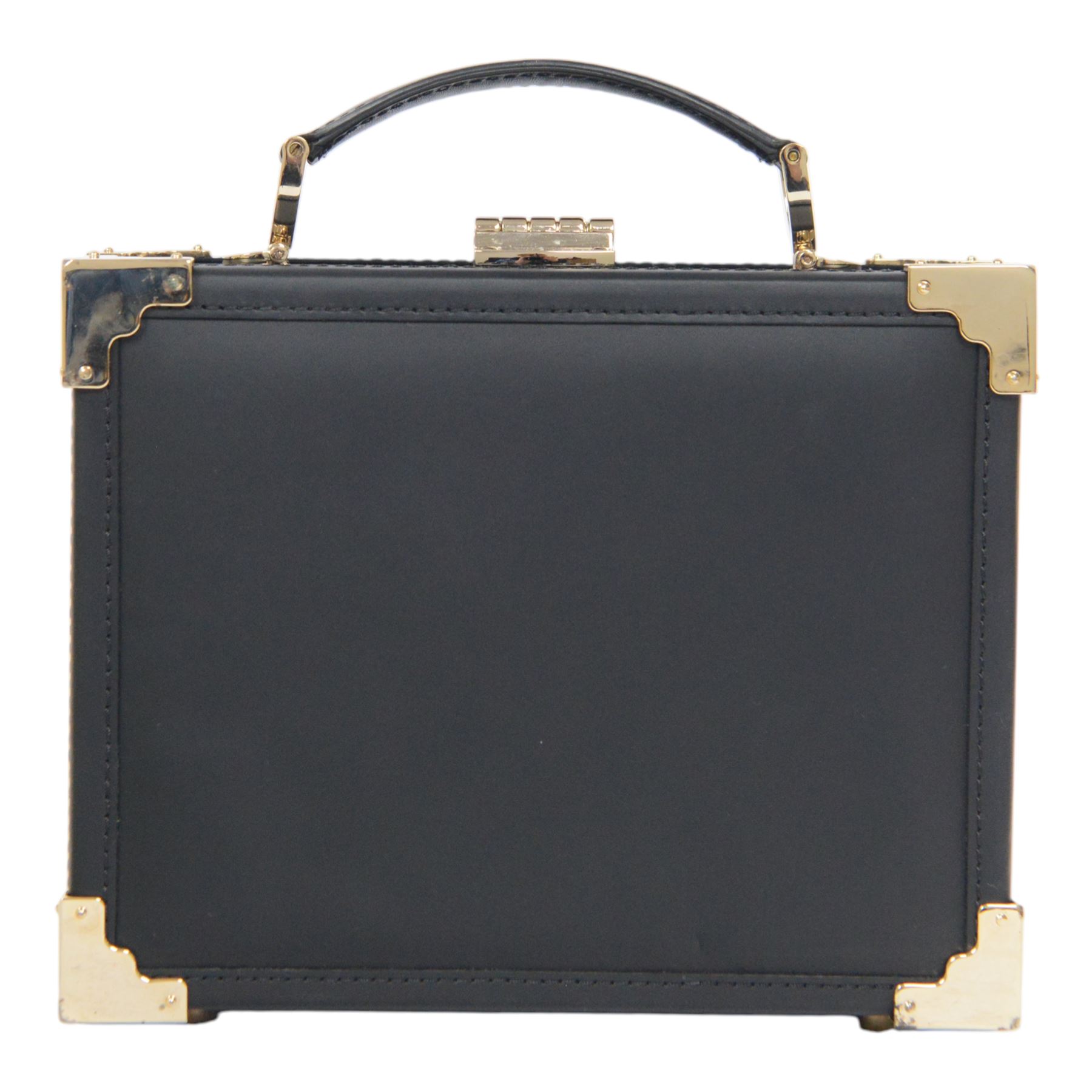 Aspinal of London black leather structured top-handle handbag with gold-tone metal mounts and corner protectors, the hinged lid opening to a fabric-lined interior fitted with a zip pocket and slip compartment, leather brand label stamped Aspinal of London England, fitted with a detachable adjustable leather shoulder strap, accompanied by an Aspinal of London dust bag and presentation box, W19cm D8cm H16cm