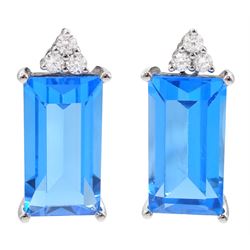 Pair of 18ct white gold Swiss blue topaz and round brilliant cut diamond pendant stud earrings, total topaz weight approx 20.00 carat