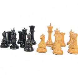 Jaques 'The Staunton Chess-Men' boxwood and ebony chess set, in original brass mounted mahogany box with paper label to interior, only the boxwood king stamped Jaques London, some pieces marked with red crown, boxwood king H11cm