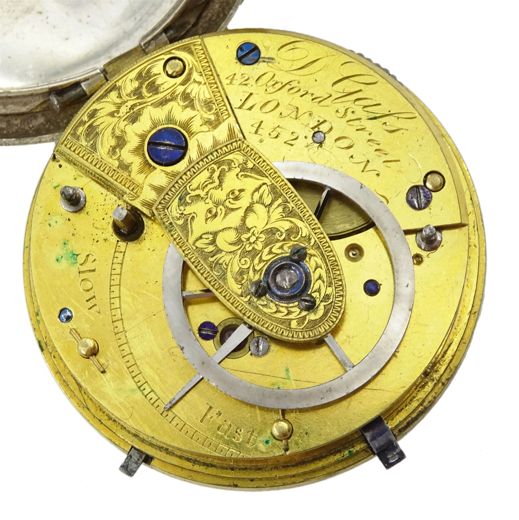 George IV fusee pocket watch by D Gafs, 42 Oxford Street London, No. 452,  engraved balance cock decorated with a mask and diamond endstone, white enamel dial with Roman numerals and subsidiary seconds dial, case by John Dyer, London 1822