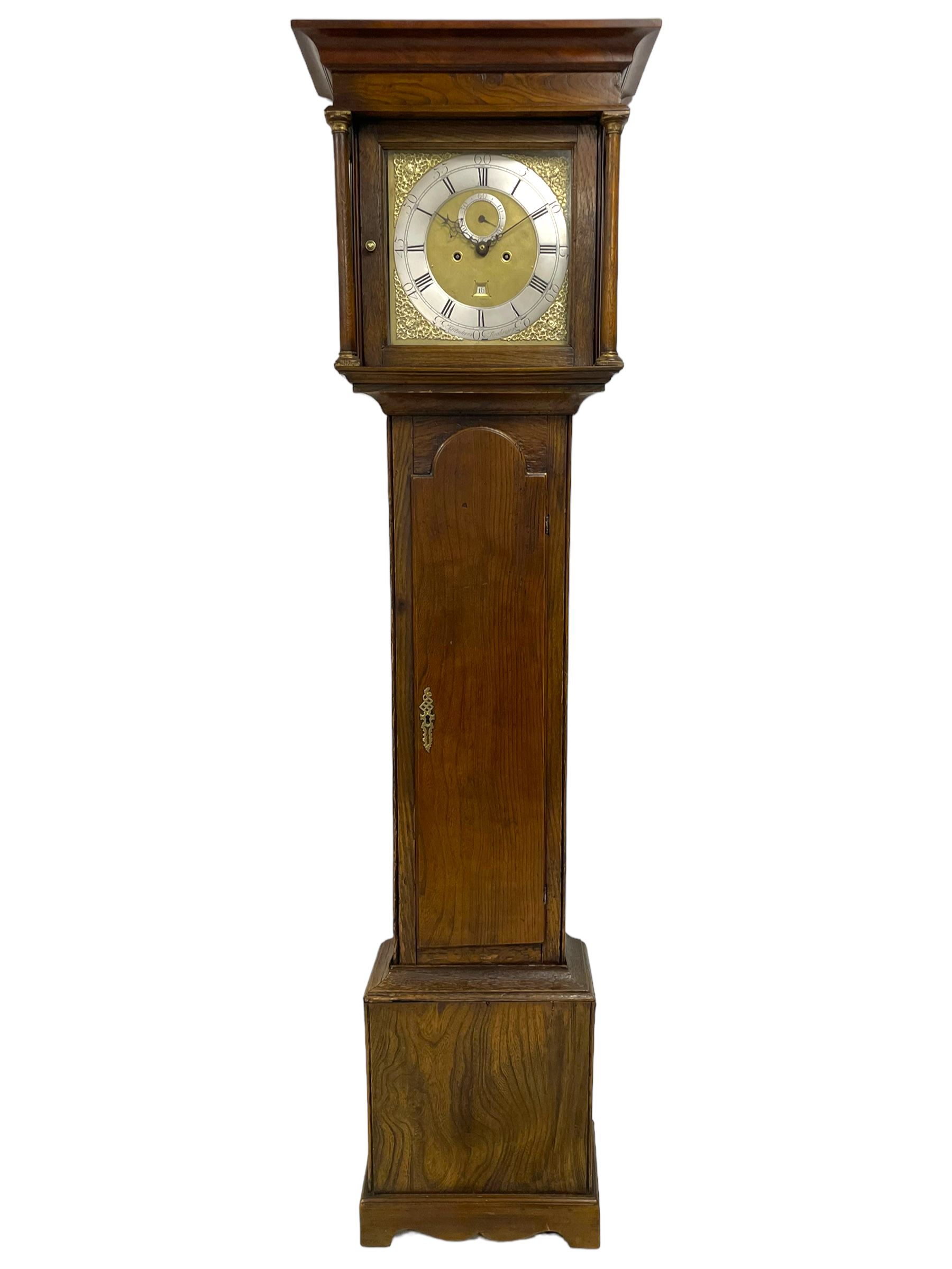Jeremiah Henderson of Scarborough - 8-day longcase clock in an Elm case c1765,  with a flat top and broad cornice, square hood door flanked by two plain turned pilasters with gesso capitals, long trunk with a conforming door and break arch top, square brass dial with a matted centre, cast spandrels and ringed winding holes, silvered chapter ring with Roman numerals, five minute Arabic's, minute track and finely pierced matching steel hands, dial pinned to a rack striking movement with an anchor escapement. With weights and pendulum. Jeremiah Henderson was the son of Robert Henderson, the first recorded clockmaker in Scarborough. 