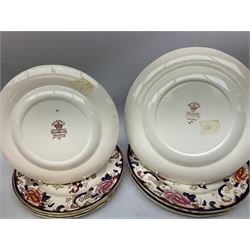 Masons Ironstone Mandalay pattern wares, to include table lamp, pair of candlesticks, clock, pair of vases, footed dish, dinner plates etc (18)