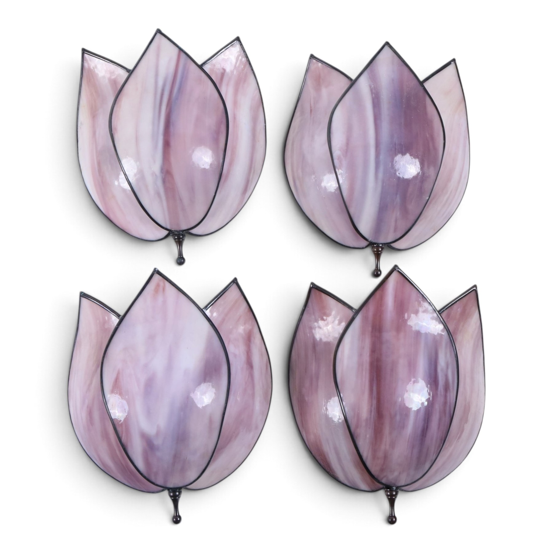 Chrisopher Wray, Art Nouveau style table lamp together with four wall lights, each shade in the form of a flower in purple tones