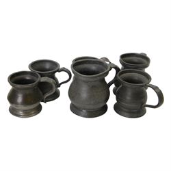 19th century Pewter tavern jug, with WR beneath a crown touch mark, together with pewter tankards and measures  