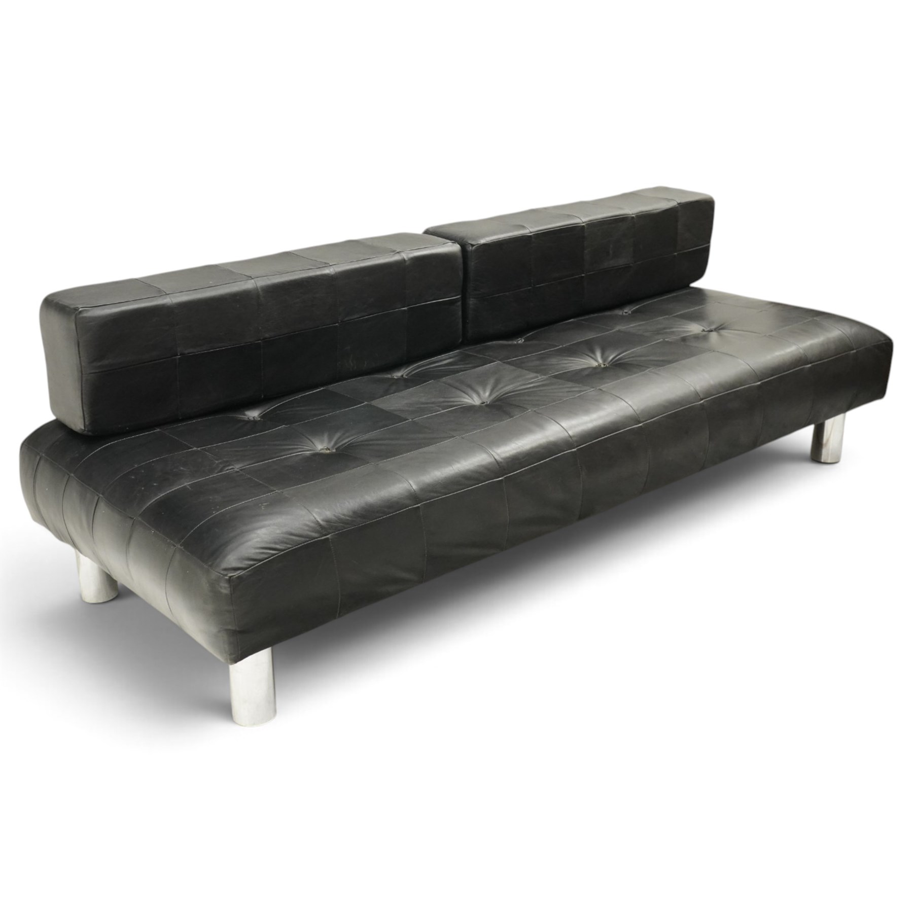 De Sede - 1970s 'DS 80' black leather modular settee or daybed, low upholstered bacl with loose rectangular back cushions over padded seat, raised on tubular chrome supports