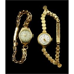 Two 9ct gold ladies manual wind wristwatches, both on 9ct gold bracelet's hallmarked 