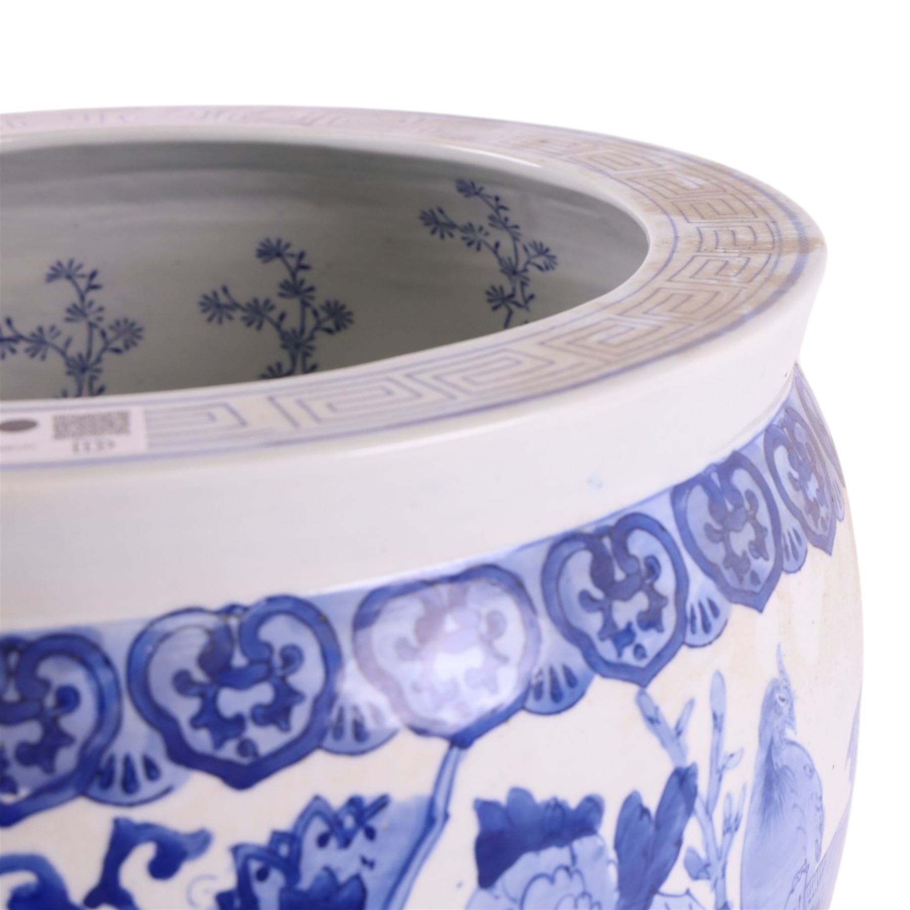 20th century blue and white fishbowl planter, decorated with birds in blossoming branches, internally decorated with goldfish, upon a wooden base, H44cm