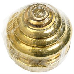 Group of fifteen brass bell weights 1/4oz-7ibs mostly Victorian, some marked with a sheep in a sling, possibly the mark for Holmfirth and a set of Libra scales with a set of graduated brass flat weights