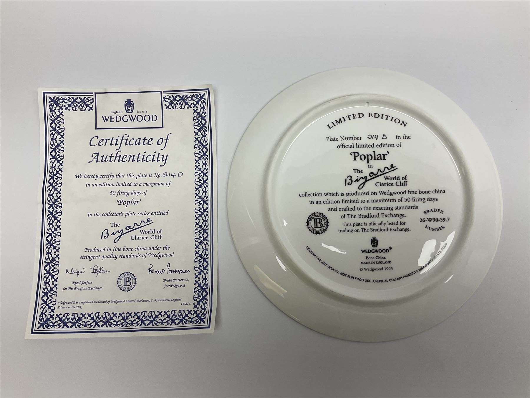 Two Wedgwood limited edition Clarice Cliff Design plates, comprising Poplar and House and Bridge patters, together with six Wedgwood limed edition Suzie Cooper The Art Deco Years, plates, all with certificates of authenticity, D21cm  