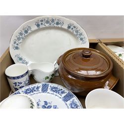 Quantity of teawares to include Coclough, Pearsons stoneware lidded twin handled pot, and other ceramics in two boxes