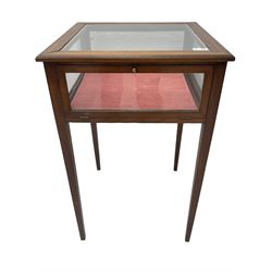 Edwardian inlaid mahogany bijouterie cabinet, glass inset top in moulded frame with satinwood band, fall front glazed door, on square tapering supports 