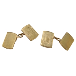  Pair of 9ct gold cufflinks, engine turned decoration and engraved initials 'NW' approx 10.28gm  