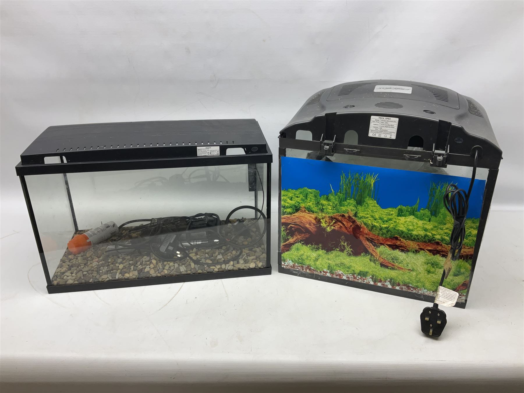 Two fish aquariums, comprising Interpet Aquapod LED starter kit 45l and PAH Fishbox 48l, with various accessories, tallest H40cm