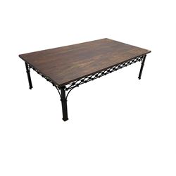Laura Ashley - mango wood and wrought iron coffee table, the rectangular top over a pierced wrought iron frieze in repeating lozenge pattern