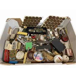 Ronson  lighter in case, Zilon Heaven lighter, Indian dagger with sectioned bone handle and eagle pommel, two lozenge shaped plaques mounted with George V pennies, other loose coins, vintage glass bottles, thimbles, powder compacts and miscellanea in one box