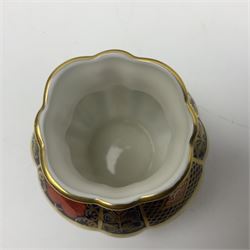 Royal Crown Derby Old Imari pattern miniature vase, coffee can and saucer, teacup and saucer and plate, all with printed mark beneath, vase H8cm 