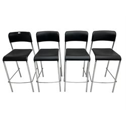 Set four Italian stacking bar stools, black back and seat over chrome supports