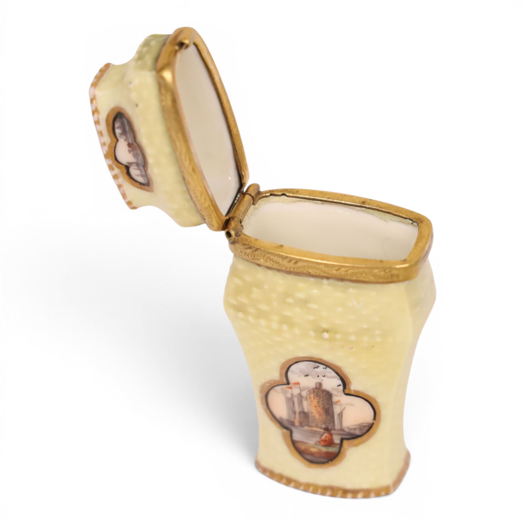 19th century continental etui or needle case, in the manor of Helena Wolfsohn, with six painted panels of marine themes upon textured yellow ground, H7cm