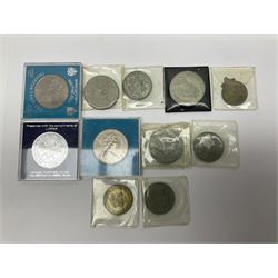 WW2 group of three medals comprising 1939-1945 War Medal, France & Germany Star and 1939-1945 Star; all with ribbons; 1930s Hull Savings Bank silver and enamel presentation fob; three medallions depicting Hitler, Mussolini and Mao Tse Tung; quantity of modern crowns and other coins; and a 6mm Flobert style starting pistol