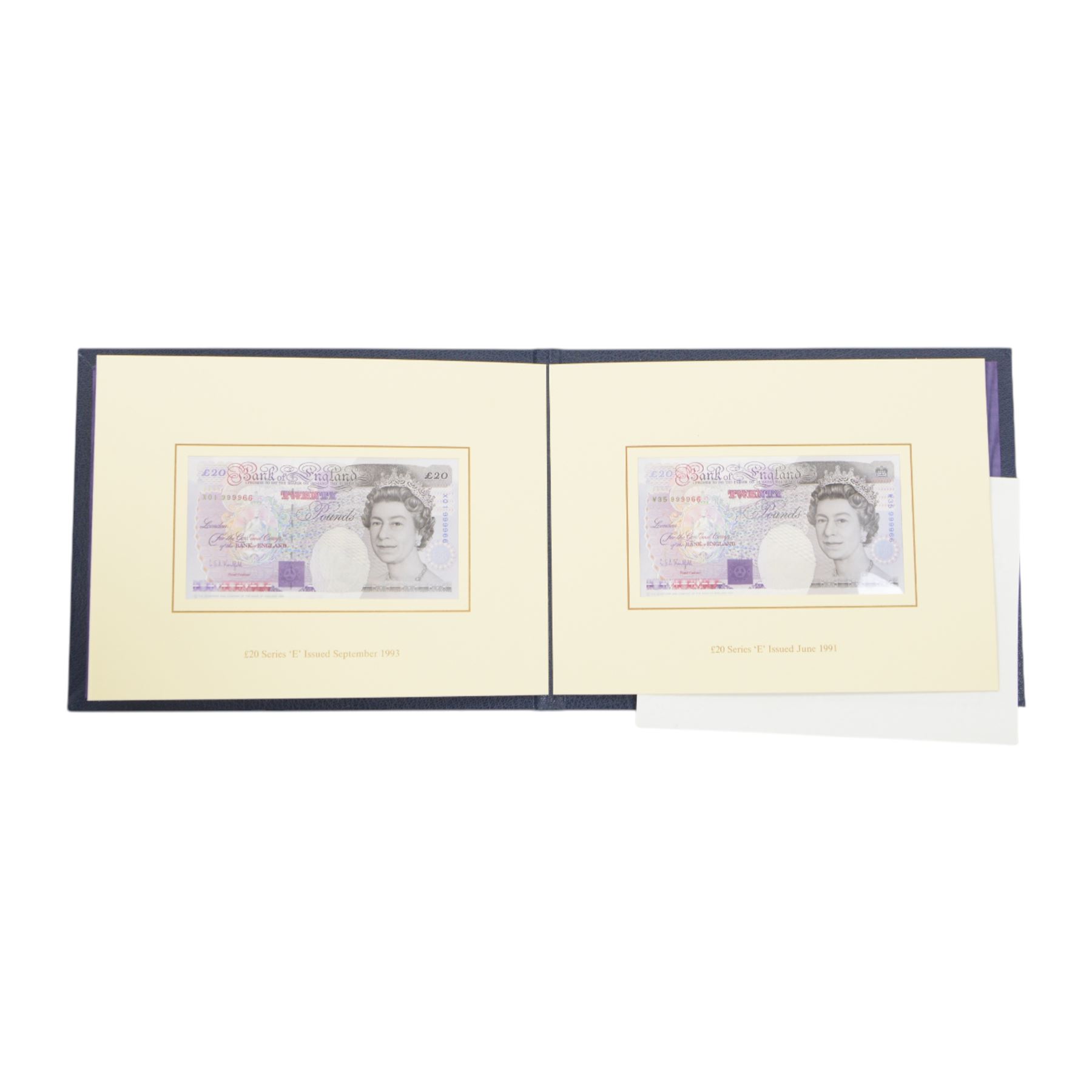 Seven Bank of England limited edition presentation pack pairs of banknotes, all with matching serial number 999966, comprising Gill five pound series D and E prefixes SE90 and A01, Kentfield five pound series E prefixes W18 and AA01, Kentfield ten pound series D and E prefixes KR30 and A01, Kentfield ten pound series E prefixes X40 and DD01, Gill twenty pound series D and E prefixes 20X and A01, Kentfield series E prefixes W35 and X01, and Kentfield series D and E prefixes E30 and A01, housed in leatherette binders manufactured by the Bank of England, 