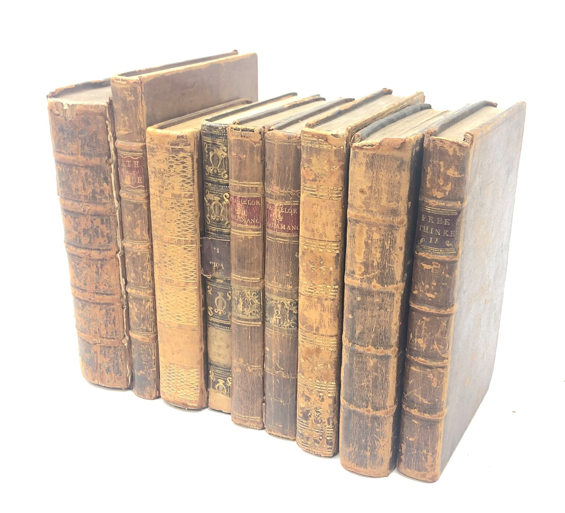  Nine 18th/early19th century full leather bound books including L'Iliade D'Homere. 1711. Paris, The Free Thinker. 1733. London, Human Prudence. 1726. Dublin, the Bachelor of Salamanca. 1784. Dublin etc, all Ex-libris Dunleckney Library with Philip Newton book plate to some  