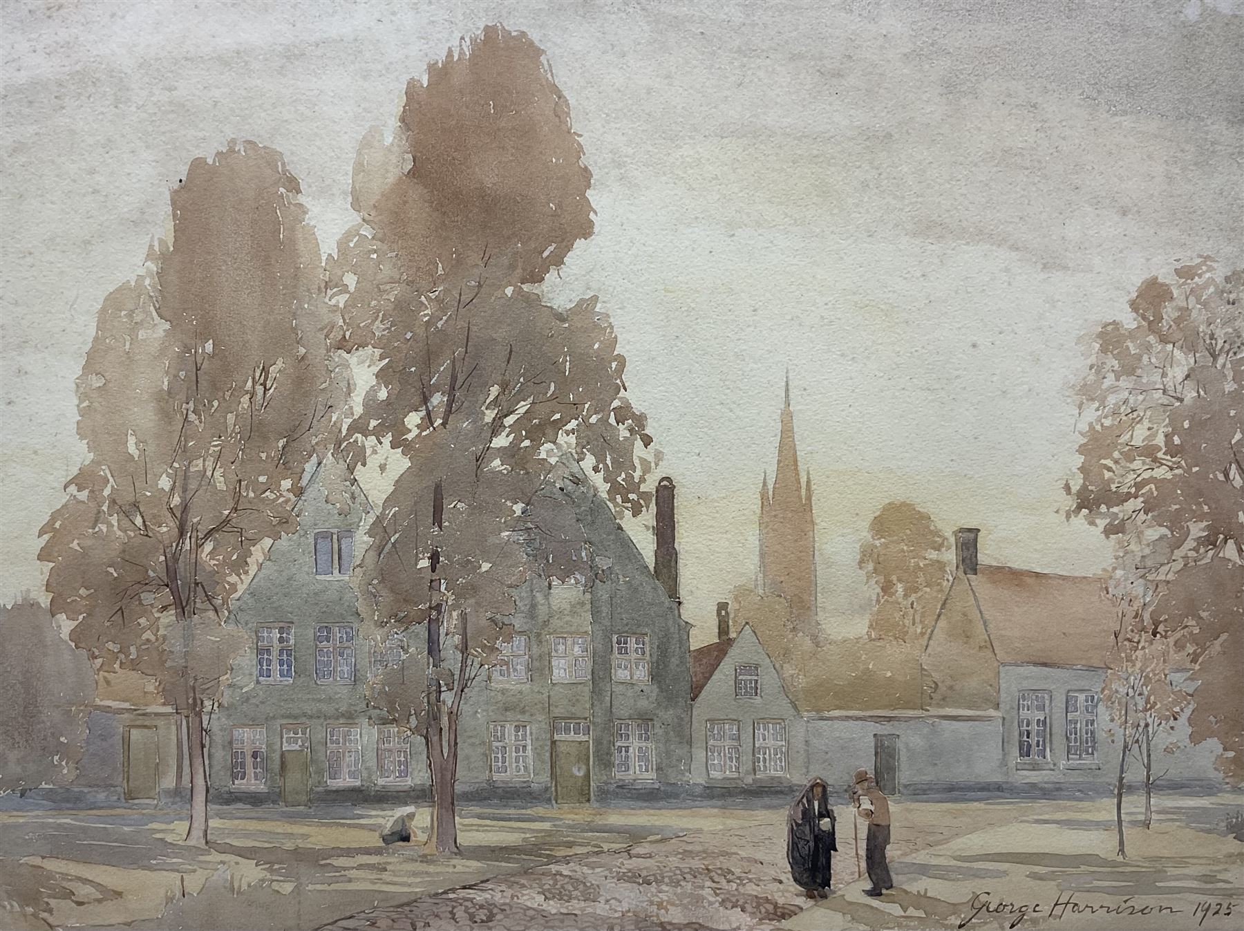 George Harrison (York 1882-1936): Figures in a Yorkshire Village with Steeple in Background, watercolour signed and dated 1925, 34cm x 46cm
Notes: Harrison studied at York School, Leeds College of Art, RCA and Newlyn. Became Principal of York School of Art and also ran a school of art at the Corn Mill Stamford Bridge York
