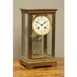  Late 19th/early 20th century four glass mantel clock, stepped cornice with applied beading, circular enamel floral decorated dial with Arabic numerals, twin train movement striking the hours and half on coil, mercury pendulum, shaped bracket feet, H31cm  