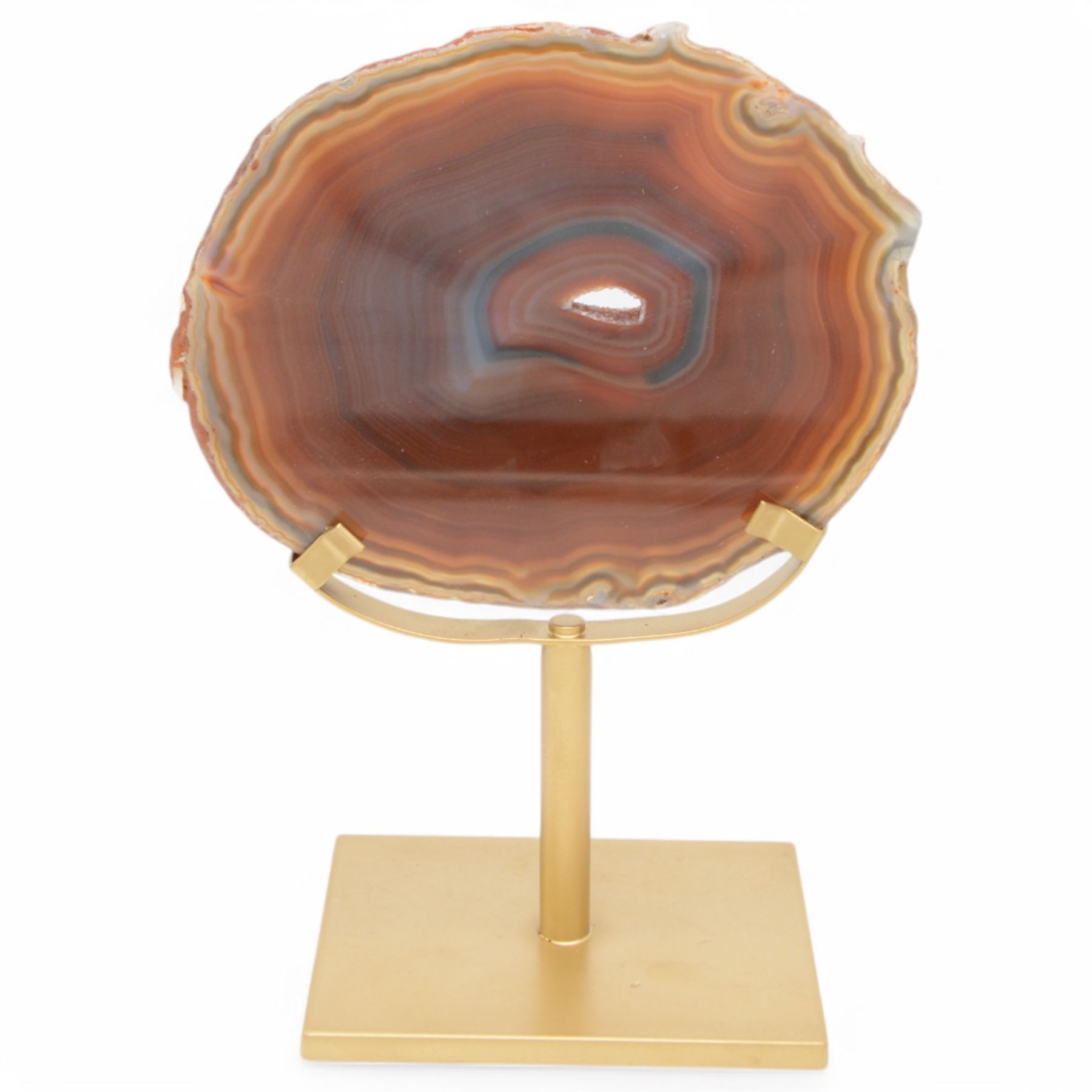 Pair of red agate slices, polished with rough edges raised upon gilt metal stands, H20cm
