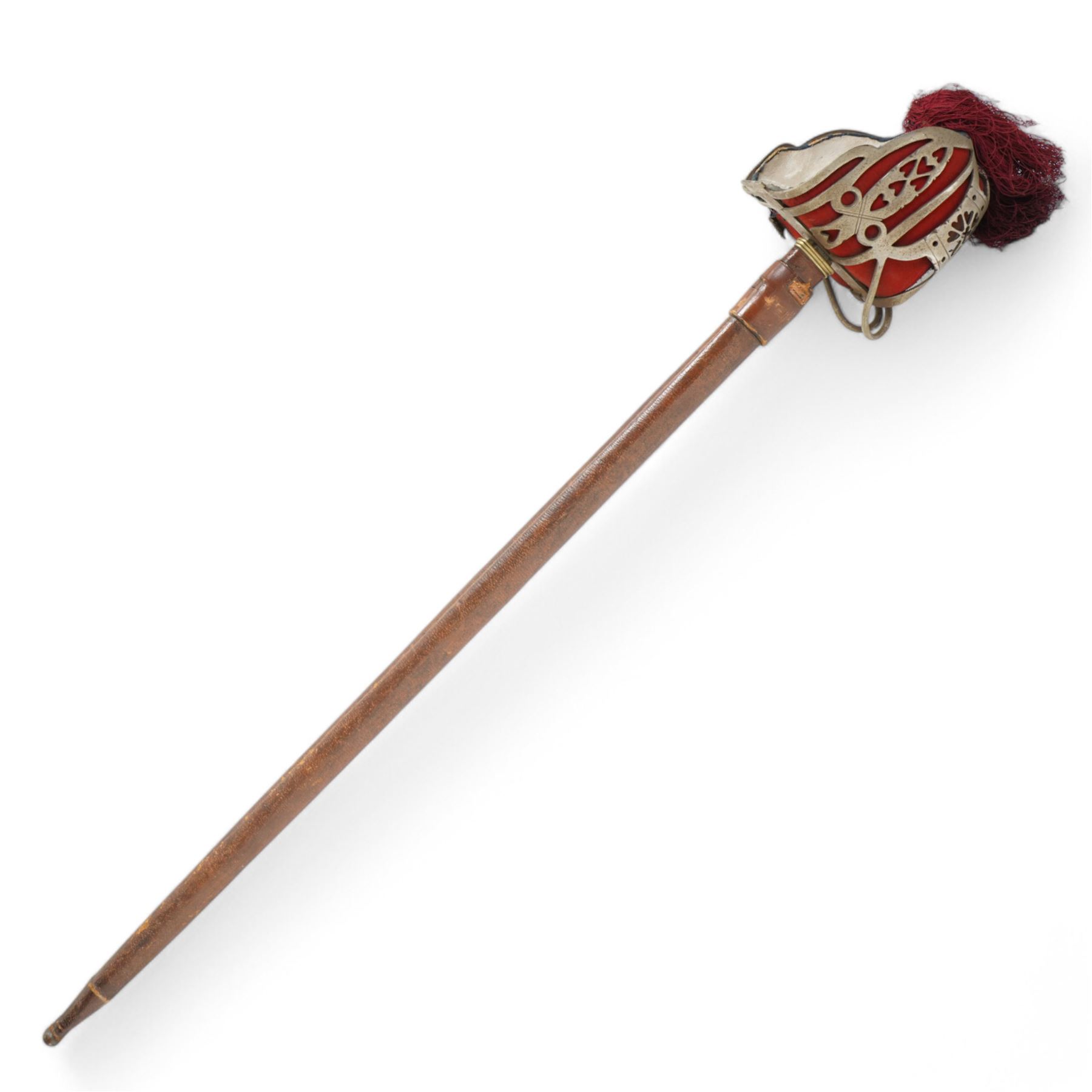 George V basket hilted broad sword with engraved blade, wire wound fish skin grip and field service scabbard, blade length 83cm