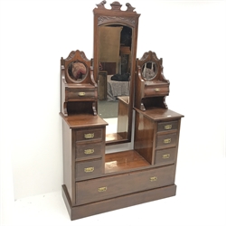 Edwardian walnut drop centre dressing chest with central cheval mirror, nine graduating drawers, platform base, W115cm, H196cm, D46cm