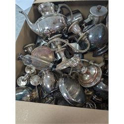 Collection of silver plate and brassware, including canteen of cutlery, horse brasses, candlesticks, teapots etc