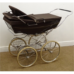  1980's Silver Cross pram, brown body with chrome chassis and wheels, fringed canopy  