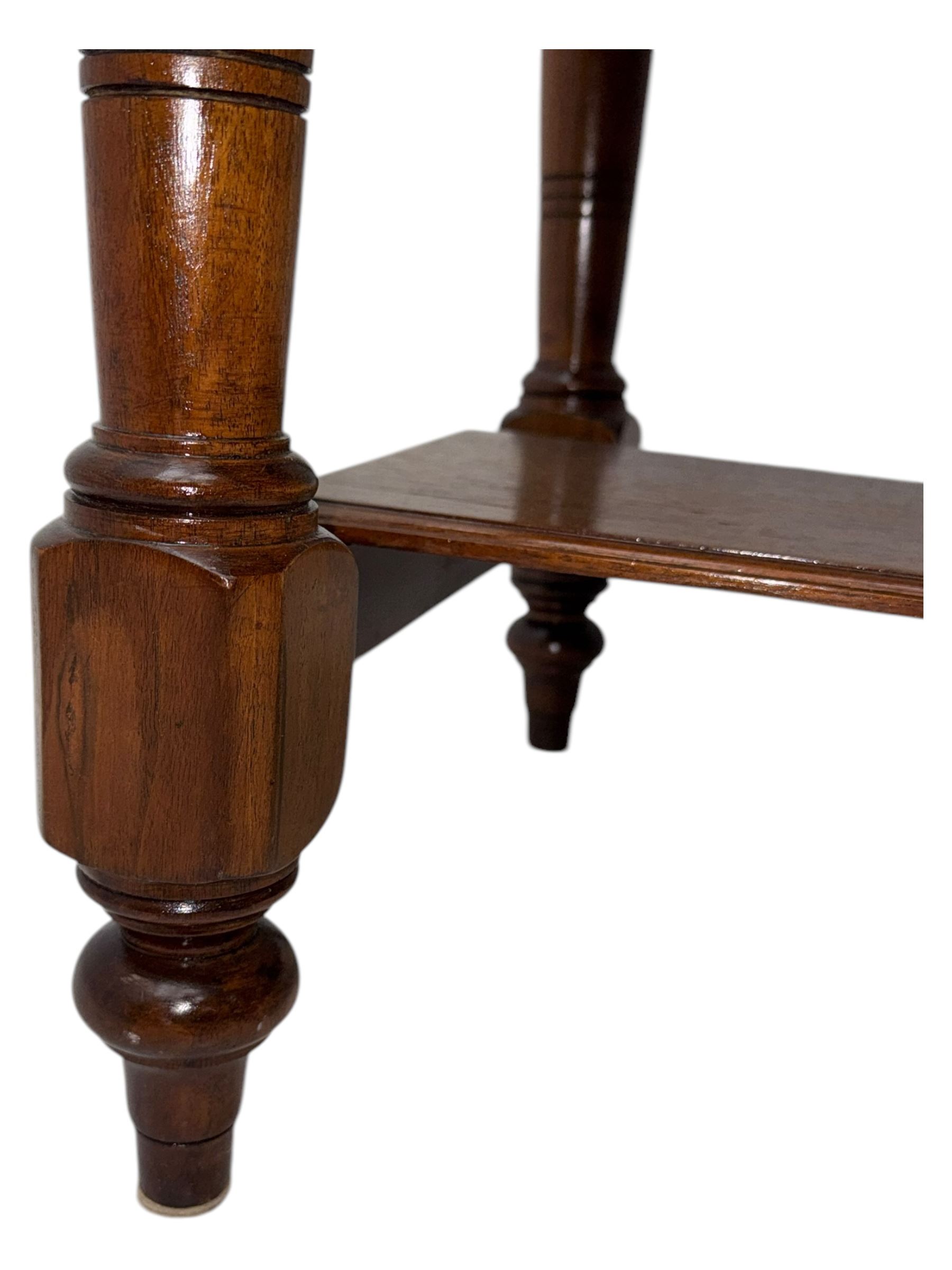 Victorian mahogany side table fitted with two drawers,  rectangular top over two short drawers with moulded facias and brass drop handles, turned front and rear supports joined by an open undertier, on turned feet 